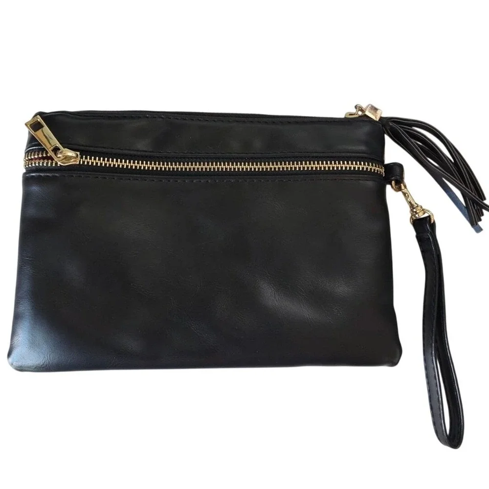 Funky Monkey Leopard Print Canvas Black Faux Leather Wristlet‎ Clutch Tassel Bag